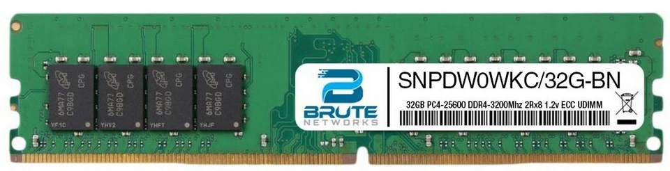 SNPDW0WKC/32G - Dell Compatible 32GB PC4-25600 DDR4-3200Mhz 2Rx8 1.2v ECC UDIMM - Image 1 of 3