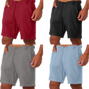 Casual Pants Drawstring Mens Cotton Summer Loose Elastic Waist Linen Shorts - Picture 1 of 22