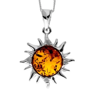 925 Steling Silver & Genuine Baltic Amber Classic Sun Pendant - GL2061 - Picture 1 of 1