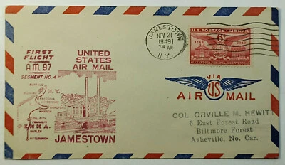 1949 Jamestown NY First Flight to Buffalo NY Airmail Cover Alexandria SC #C40 - Image 1 of 2