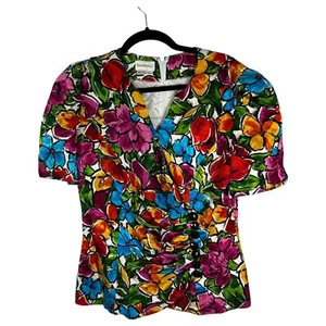 Blusa Raúl Blanco Seda Brillante Audaz Floral Manga Corta Talla 12 - Imagen 1 de 5