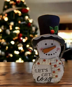 Christmas Snowman Decoration Figurine “ Let’s Get Cozy” Wood 8x4x1 Shelf Sitter - Picture 1 of 1
