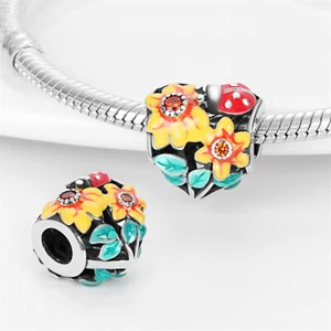 Sunflower Ladybug Ladybird Luck Flower Love Heart Charm Sterling Silver 925 - Picture 1 of 5
