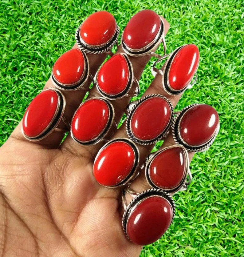 Increíble anillo de piedras preciosas de coral, lote al por mayor anillo de joyería hecho a mano, anillo de plata 925 ~ Foto 1 de 1