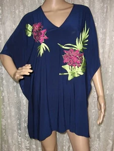 NEW MEDIUM NATORI NAVY EMBROIDERED KIMONO SLEEVES 30" TUNIC TOP BLOUSE - Picture 1 of 5