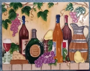 Große 14x11 erhöhte Glas & Fliesen Wandbehang Weingläser & Flaschen Trauben - Bild 1 von 5