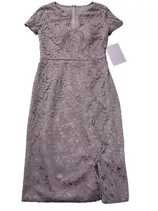 JS COLLECTIONS Taupe Lilac Eyelash Lace Illusion Faux Wrap Midi Size 4 NWT $228 - Picture 1 of 9