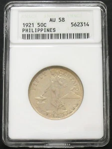 1921 Philippines 50 C , ANACS AU 58 , nice silver coin # 1653, 50-10 - Picture 1 of 4