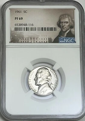1961 NGC PF69 Proof Thomas Jefferson Nickel 5c Portrait Label - Image 1 of 3