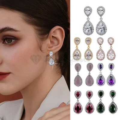 Elegant Women Teardrop Shaped Crystal 925 Sterling Silver Drop Dangle Earrings - Image 1 of 4