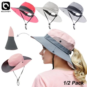 1/2Pack Women Ponytail Summer Sun Hat UV Protection Wide Brim Safari Fishing Cap - Picture 1 of 24