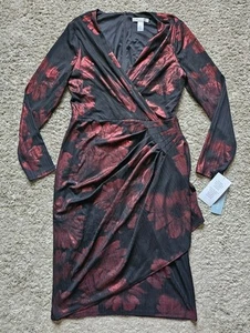 LONDON TIMES Red & Black Long Sleeve Faux Wrap Dress Women's Size 10 NWT - Picture 1 of 9