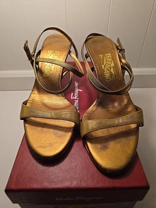 Salvatore Ferragamo Samba Open Toe Strappy Gold Leather Sandals Heels 8B - Picture 1 of 6