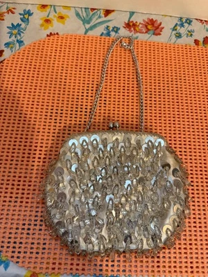 Vintage Beaded & Sequin White Evening Bag Silver Chain Elephant Design Hong Kong - Image 1 of 4