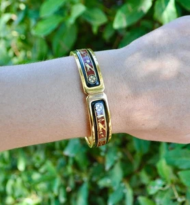 Rare Michaela Frey Wille Designer Egyptian Bracelet Bangle Enamel Gold Sz 6 5/8" - Picture 1 of 10