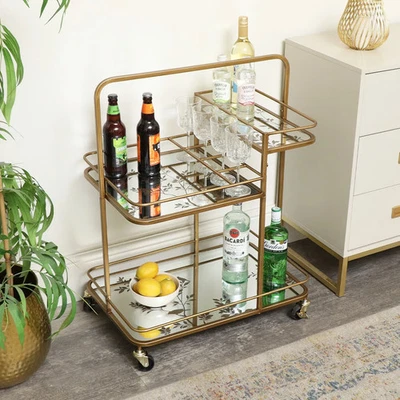 Gold Vintage Printed Glass 3 Tier Drinks Trolley with Wheels bar cart barware - Image 1 of 4