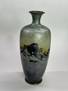 Japanese Meiji Cloisonne Vase Hattori Mark Ginbari Foil Gray Gold Pagoda Scene - Picture 1 of 13