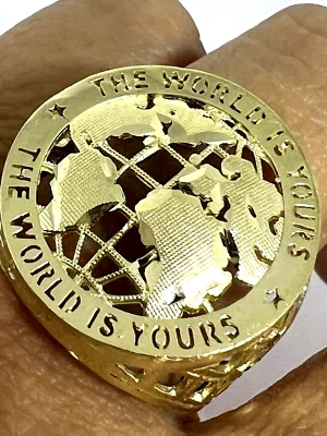 GOLd mens ring WORLD IS YOURS 10k map globe planet travel 10 ask 8 9 11 12 13 - Image 1 of 4