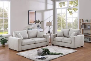 Classic Living Room 2pc Sofa Set Ivory Corduroy Sofa And Loveseat w Pillows Squa - Picture 1 of 10