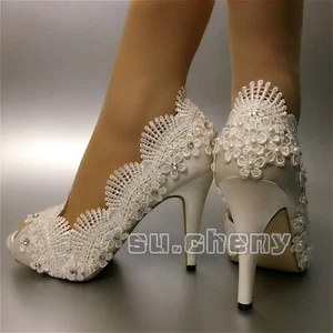 Zapatos de novia su.cheny Peep puntera abierta 3"" 4"" tacón satén blanco marfil encaje boda zapatos - Imagen 1 de 19