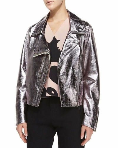 Giacca Moto Biker Alexander McQueen Argento Pelle Metallizzata 44 L 10 12