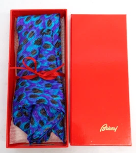 Brioni Italy 100% SILK Mens Tie & Pocket Square Gift Box ABSTRACT Purple Blue - Picture 1 of 17