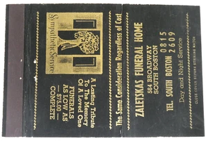 WB354 Matchbook Cover Wide Zaletskas Funeral Home South Boston Vintage - Picture 1 of 2