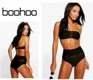 BOOHOO BLACK BANDEAU / STRAPS MESH PANEL BIKINI TOP & BRIEFS SET BNWT - Picture 1 of 4