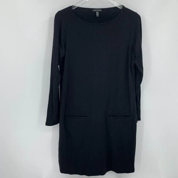Eileen Fisher Vestido Túnica Tejido Negro Manga Larga Bolsillo Vellón Acogedor Pequeño Foto 1 de 4