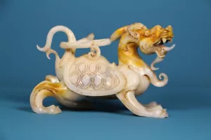 5.6" Old Chinese Hetian Jade Nephrite Carved Fengshui Dragon Turtle Statue - Picture 1 of 9