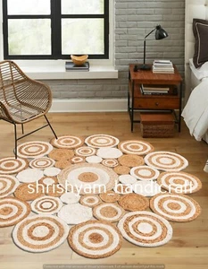 100% Natur Jute Teppich Geflochten Handarbeit Blau Rug Handmade Rustikal Look Vorleger - Bild 1 von 17