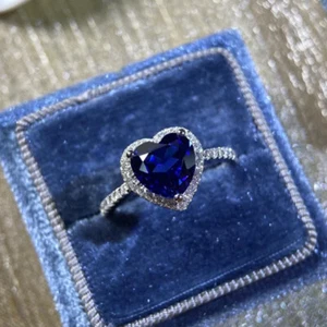 2.10 CT Heart Cut Halo Blue Sapphire Diamond Engagement Ring 14K White Gold Over - Picture 1 of 10
