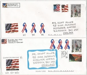Two 9/11 hand-made 2002 anniversary envelopes with Heroes stamps, etc.,  to UK - Picture 1 of 1