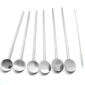 Fine Stainless Steel Reusable Spoon Drink Straw Set Long Spoons / Stirrer - Picture 1 of 11