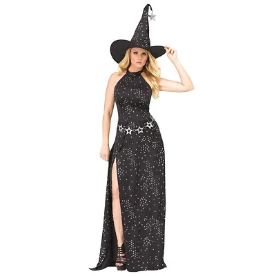 Adult Womens Celestial Stars Witch Halloween Costume Black Long Dress Hat S M L - Image 1 of 2
