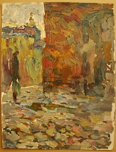Ukrainian Soviet USSR Oil Painting postimpressionism old town street figure - Picture 1 of 6