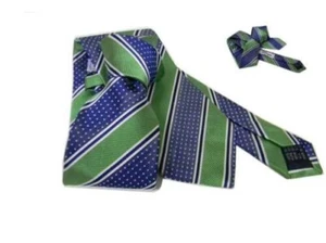 Corbata Azul Rayas Verde Y Lunares Blanco Seda Made IN Italy - Imagen 1 de 6