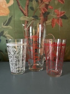Vintage Lot Of 3 Cocktail Recipe MCM Bar Ware Glasses & Pitcher - Picture 1 of 18