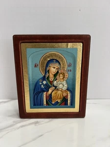 Vintage byzantinische Ikone Jungfrau Maria hält Kind 5 x 6" mit vergoldetem auf geschnitztem Holz - Bild 1 von 9