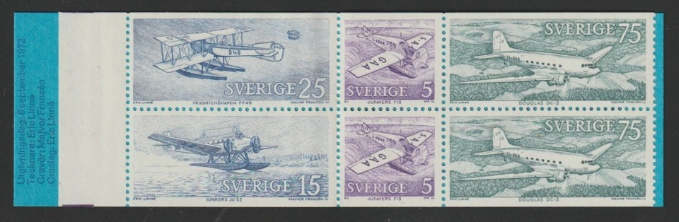 Sweden    1972   Sc # 939a     Aircrafts   Complete  BKLT    Pane of 6    MNH - Image 1 of 1