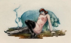 **MAMÁ 1946 ORIGINAL VILLA GEORGES DESNUDO GRABADO NIÑA Y CERDO LIMITADO ENMARCADO - Imagen 1 de 3