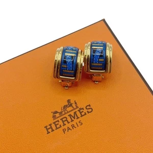 Condition HERMES Enamel Earrings Blue Gold Cloisonn Ribbon Logo - Picture 1 of 9