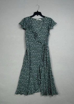 Kimchi Blue Dress Womens Medium Green Floral Wrap Ruffle Flutter Sleeve Cottage - Image 1 of 4