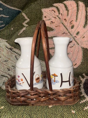 Vintage Ceramic Oil & Vinegar Cruet Set &Wicker Basket Caddy Retro Kitchen Decor - Image 1 of 4