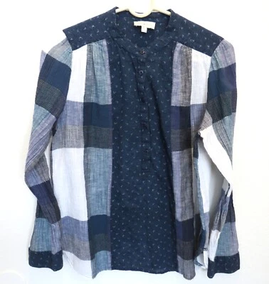 Lucky Brand Henley Blouse Sz M Blue White Plaid Cotton Long Sleeve - Image 1 of 4