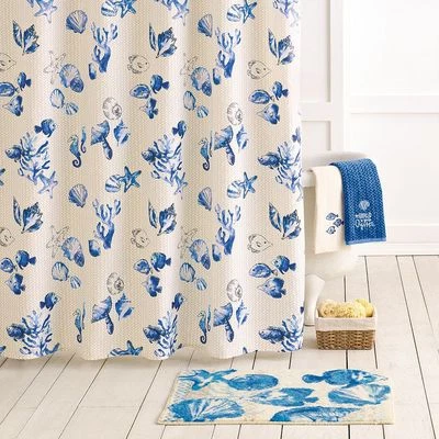 Sonoma Seabrook Blue & Beige Ocean Beach Sea Shells Fabric Shower Curtain NEW - Image 1 of 2