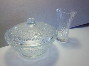 2 Items - Clear Cut Covered Lidded Candy Dish and Small Clear Cut Vase - Picture 1 of 7