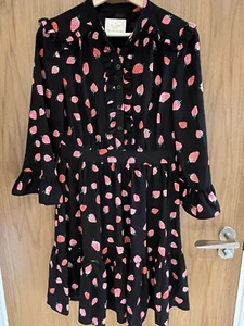 Kate Spade Ruffle Trim Strawberry Shift Dress Black Pink 3/4 Sleeve Fit FlareUK8 - Picture 1 of 5