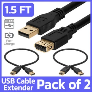 2 Pack USB Extension Cable 1.5 Feet USB Cable Extender Cord SuperSpeed USB 3.0 - Picture 1 of 4