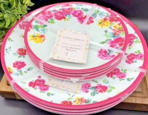 Laura Ashley Melamin Speiseteller & Salatteller 8er Set hübsche rosa & gelbe Rosen - Bild 1 von 5